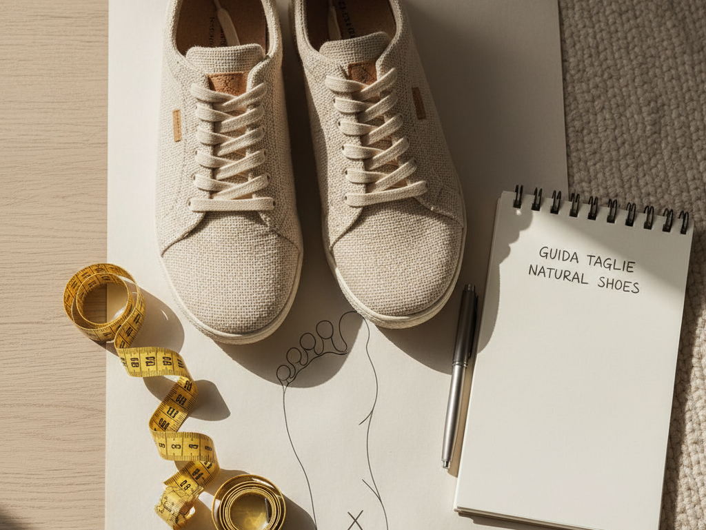 Come scegliere la taglia giusta di scarpe online – sneaker sostenibile beige accanto a un metro da sarta arrotolato su sfondo neutro