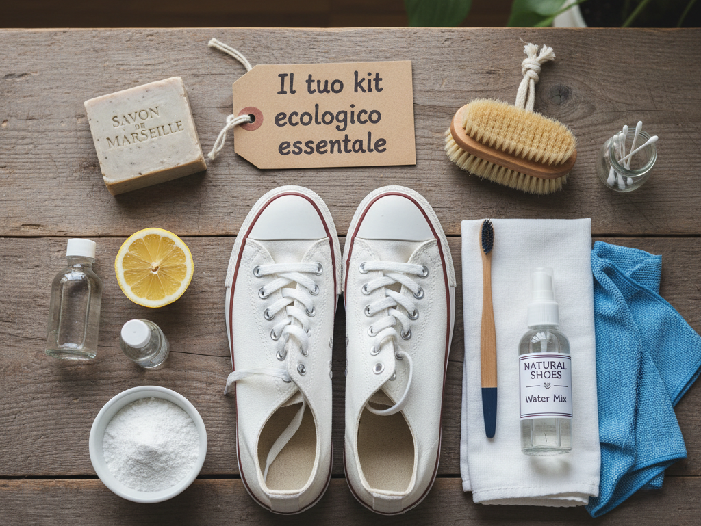 Come pulire le sneakers in modo sostenibile – sneaker chiara con spazzola in legno e panno morbido su sfondo beige naturale