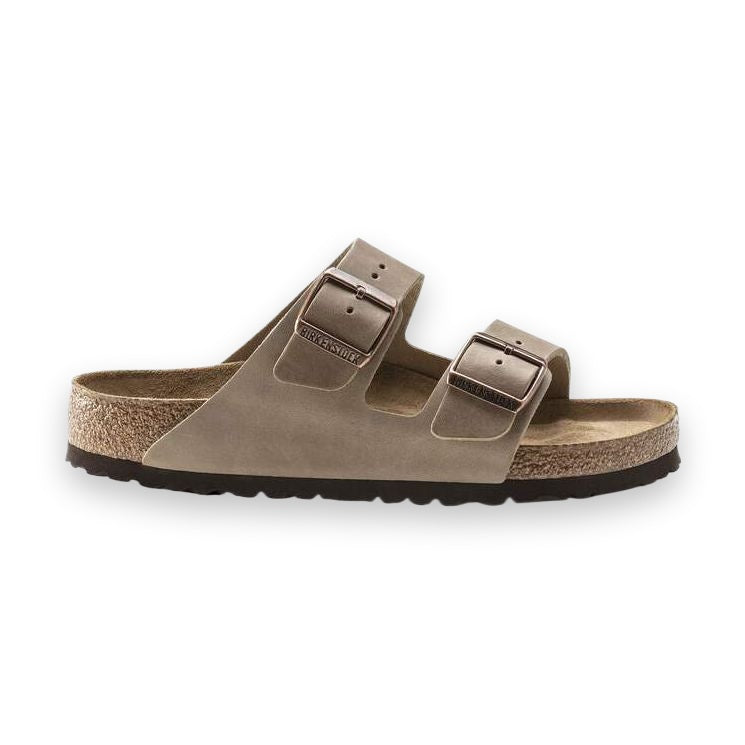 Sandalo Birkenstock Arizona Soft Footbed unisex in pelle oliata sand vista laterale
