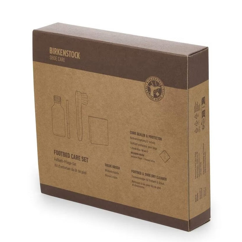 Contenuto kit Birkenstock Footbed Care Set pennello spazzola e spugna pulizia plantare sughero