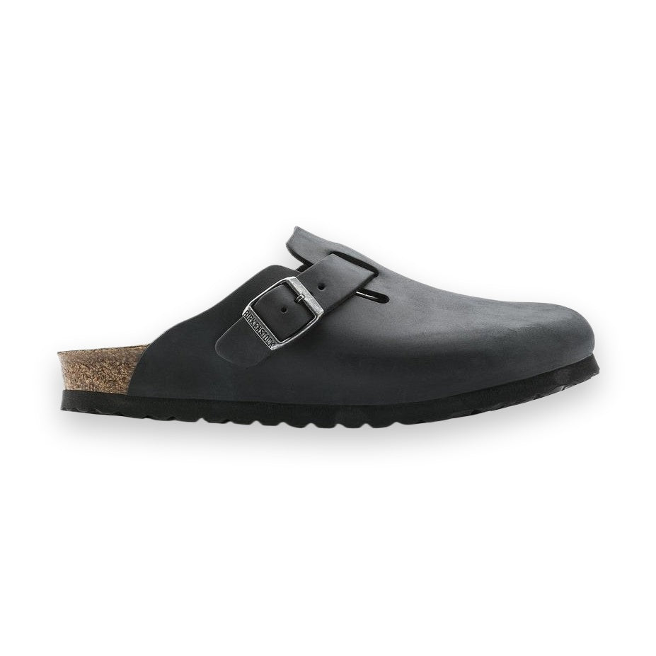 Sabot Birkenstock Boston unisex in pelle oliata nera vista laterale