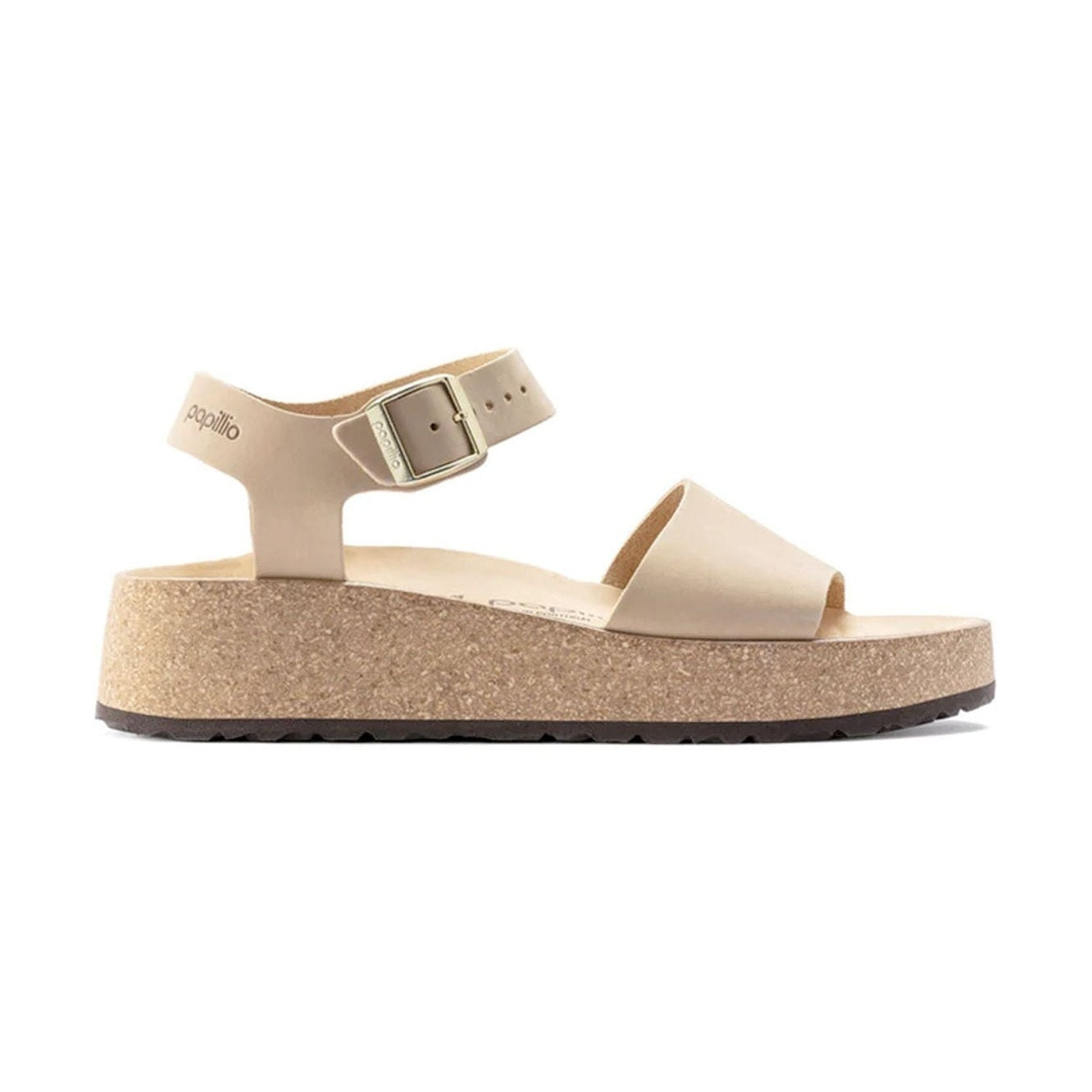 Sandalo Birkenstock Glenda donna con zeppa in pelle Nubuck fascia ampia e cinturino caviglia vista laterale