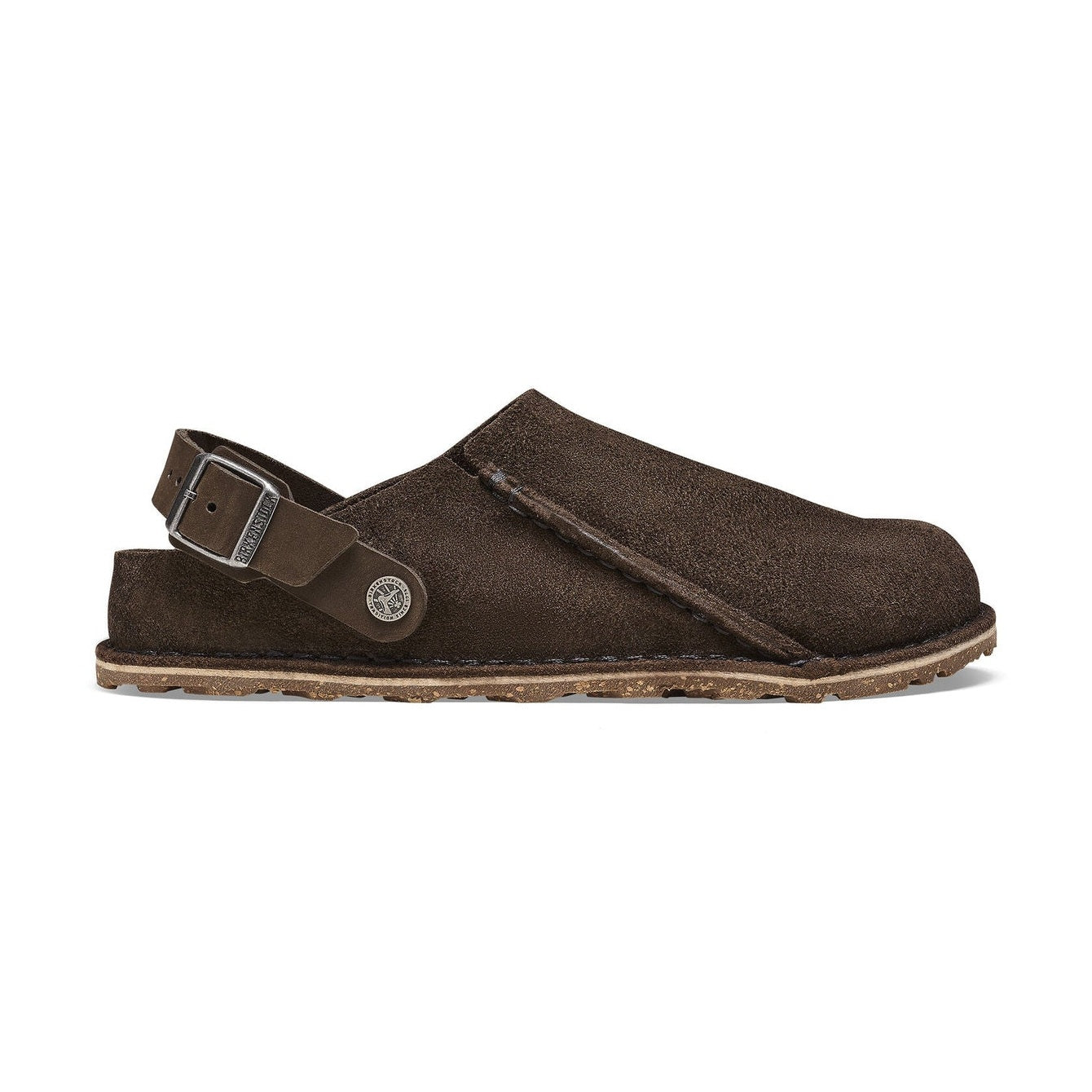 Sabot Birkenstock Lutry Premium unisex in pelle scamosciata con cinturino al tallone vista laterale