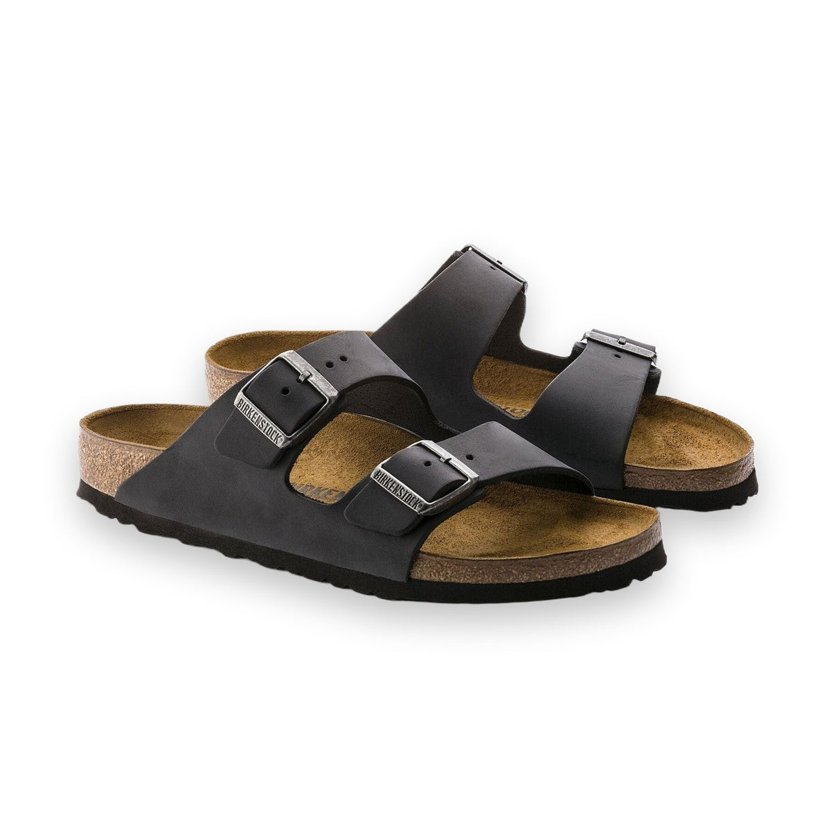 Birkenstock Arizona unisex pelle oliata nera vista angolata due fasce