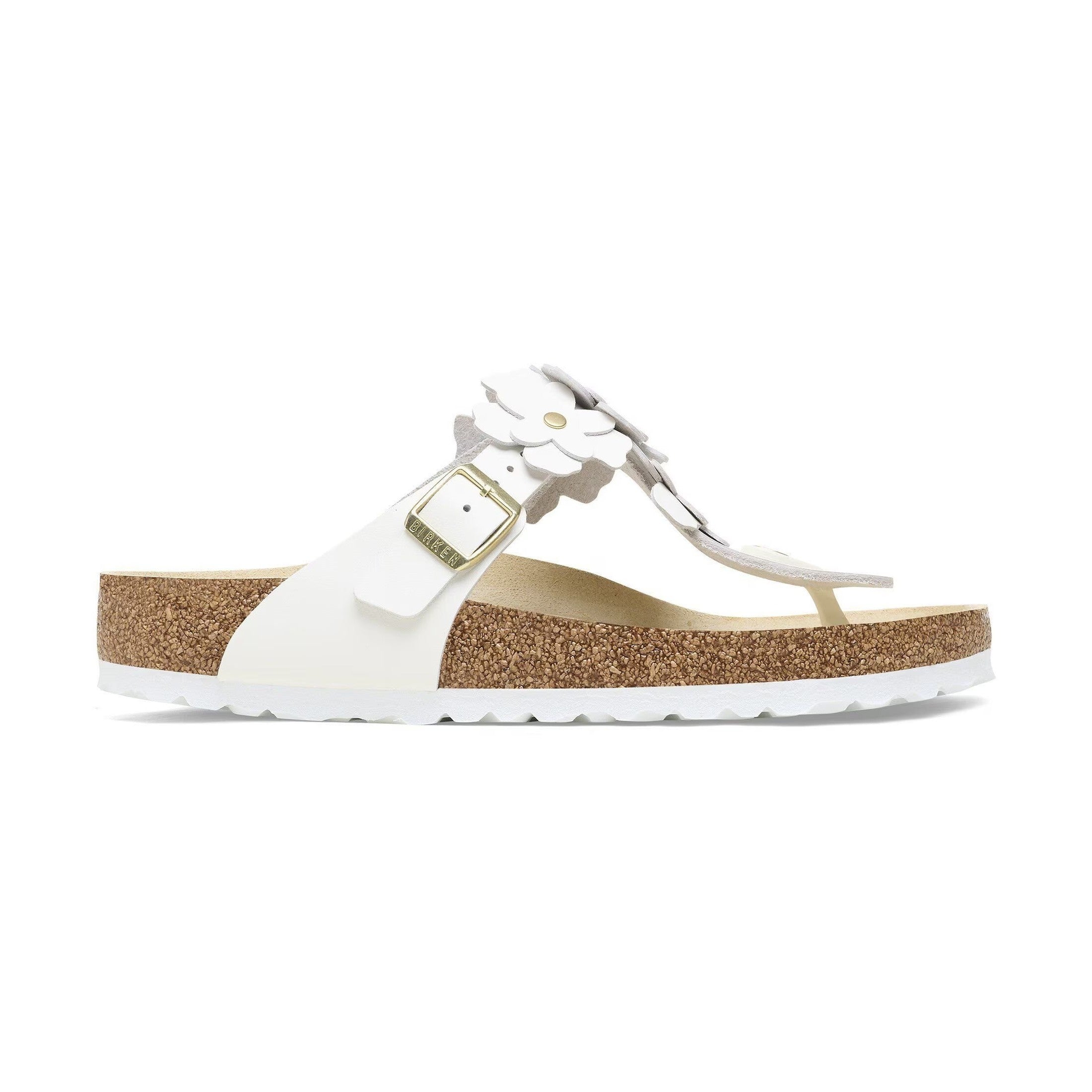 Sandalo infradito Birkenstock Gizeh Flower donna in pelle naturale anilina con fiori applicati vista laterale
