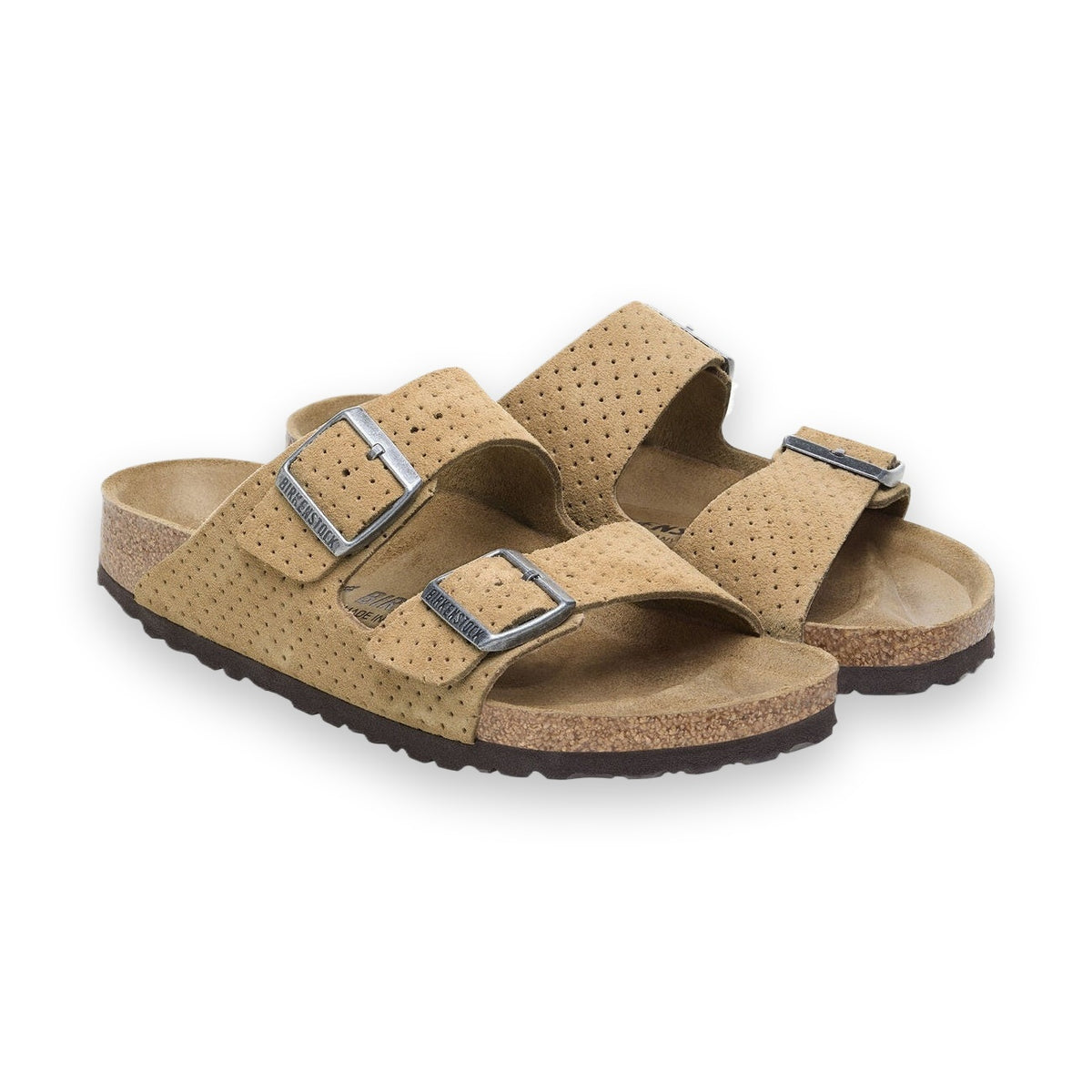 Pelle scamosciata goffrata con trama in rilievo e fibbie coordinate Birkenstock Arizona donna