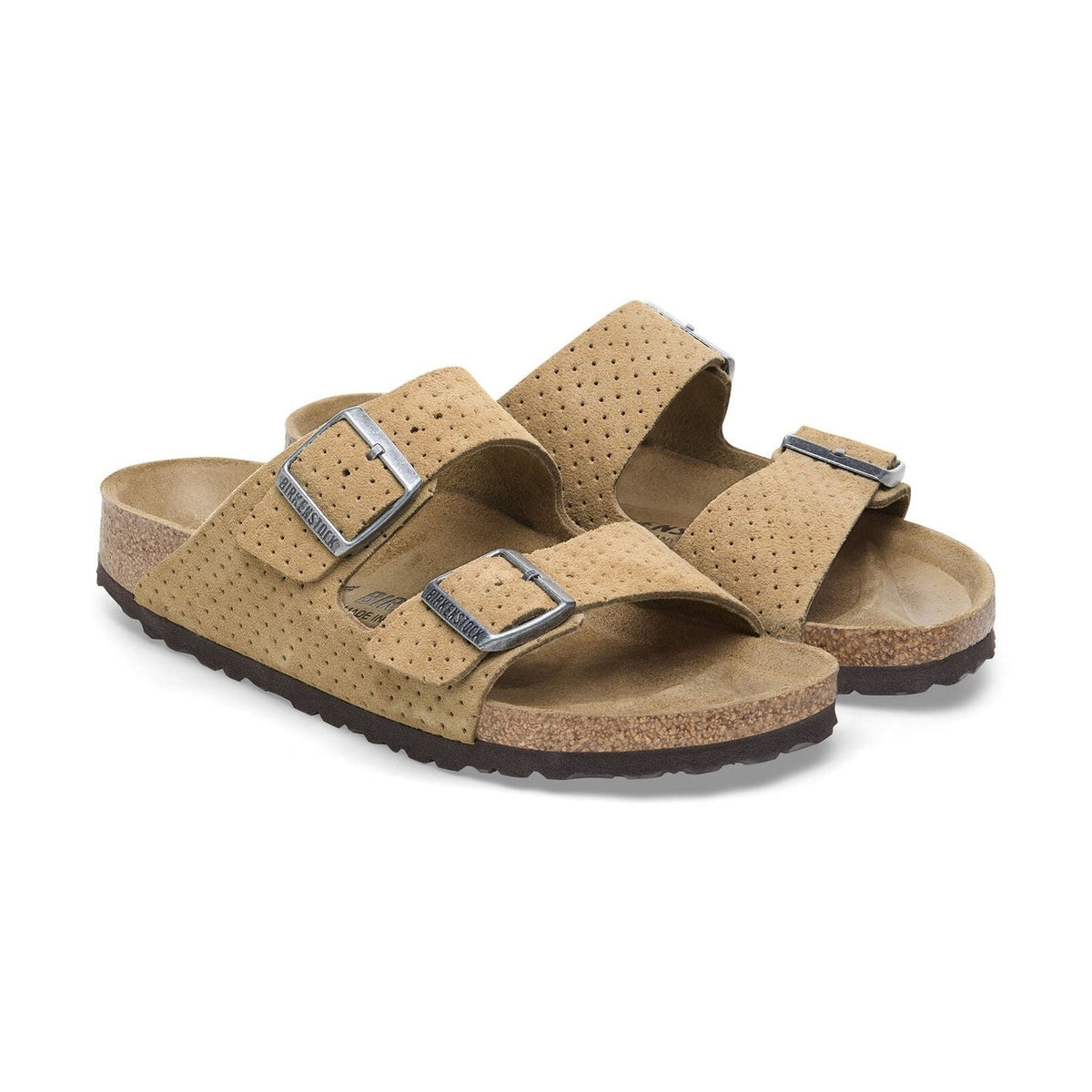 Pelle scamosciata goffrata con trama in rilievo e fibbie coordinate Birkenstock Arizona donna
