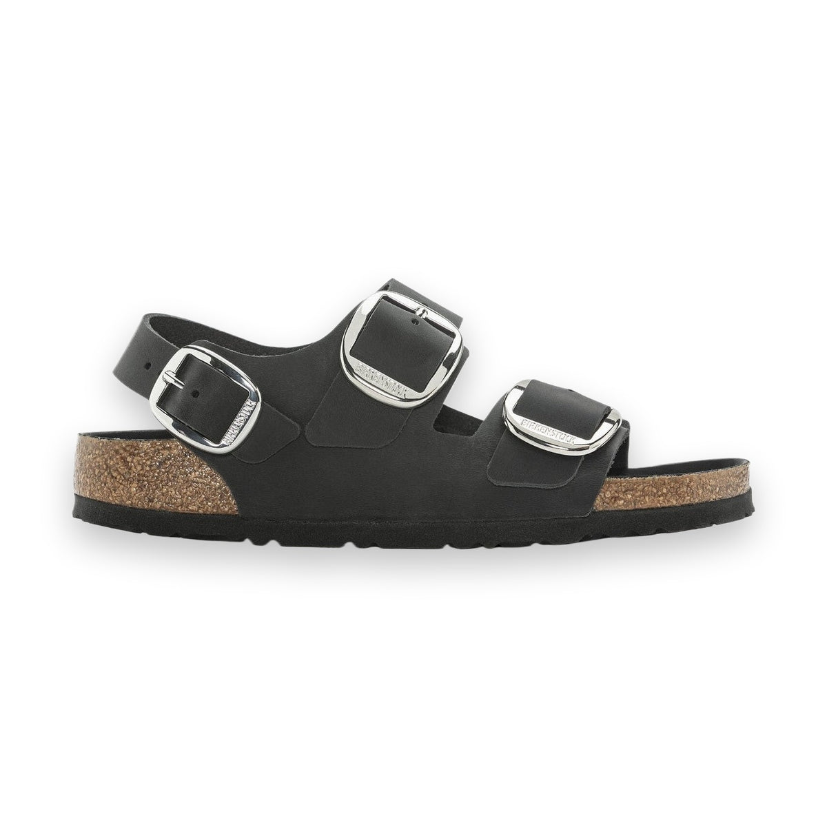 Sandalo Birkenstock Milano Big Buckle unisex in pelle nabuk oliata tre fasce con maxi fibbie vista laterale