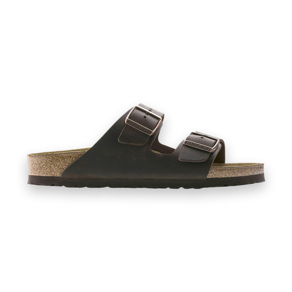 Sandalo Birkenstock Arizona unisex in pelle oliata marrone scuro vista laterale