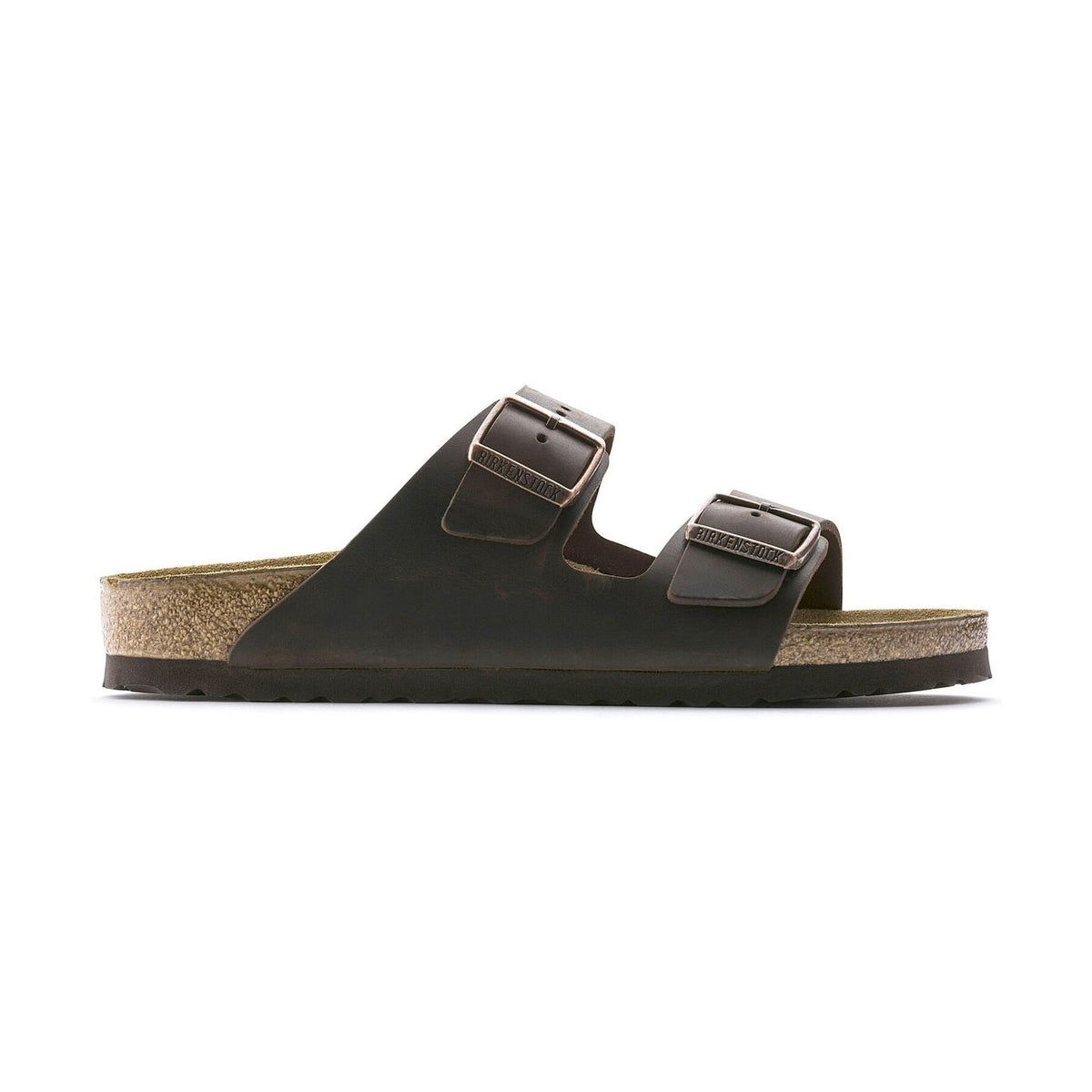 Sandalo Birkenstock Arizona unisex in pelle oliata marrone scuro vista laterale