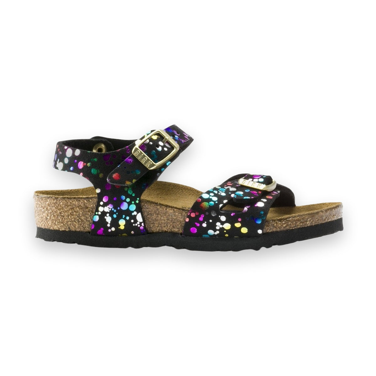 Sandalo Birkenstock Rio Kids bambina in microfibra con cinturino tallone e fantasie scintillanti vista laterale