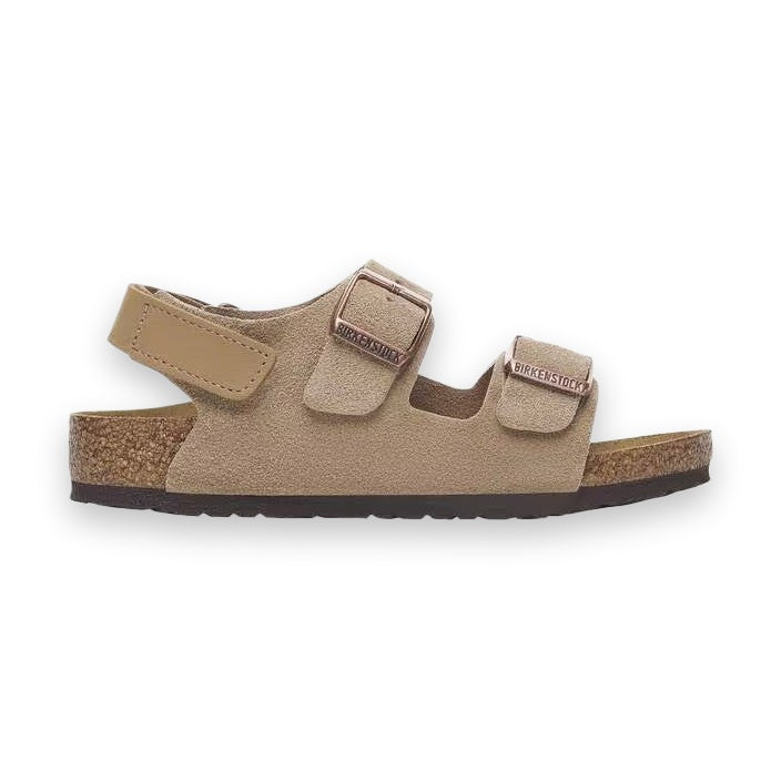 Sandalo Birkenstock Milano HL Kids bambino in pelle scamosciata con velcro tallone e fibbie regolabili vista laterale