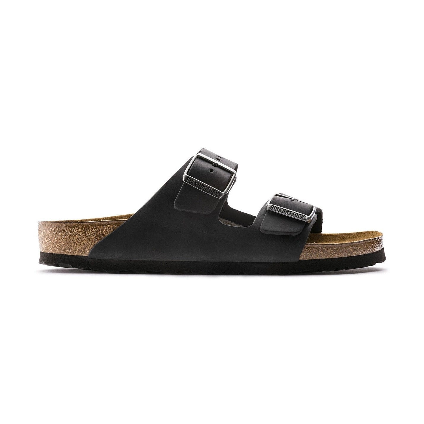 Sandalo Birkenstock Arizona unisex in pelle oliata nera vista laterale