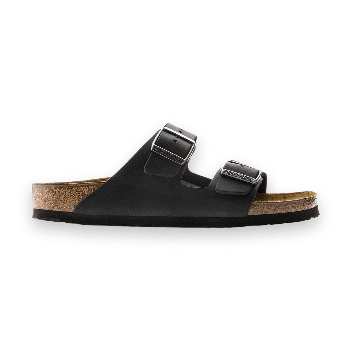 Sandalo Birkenstock Arizona unisex in pelle oliata nera vista laterale