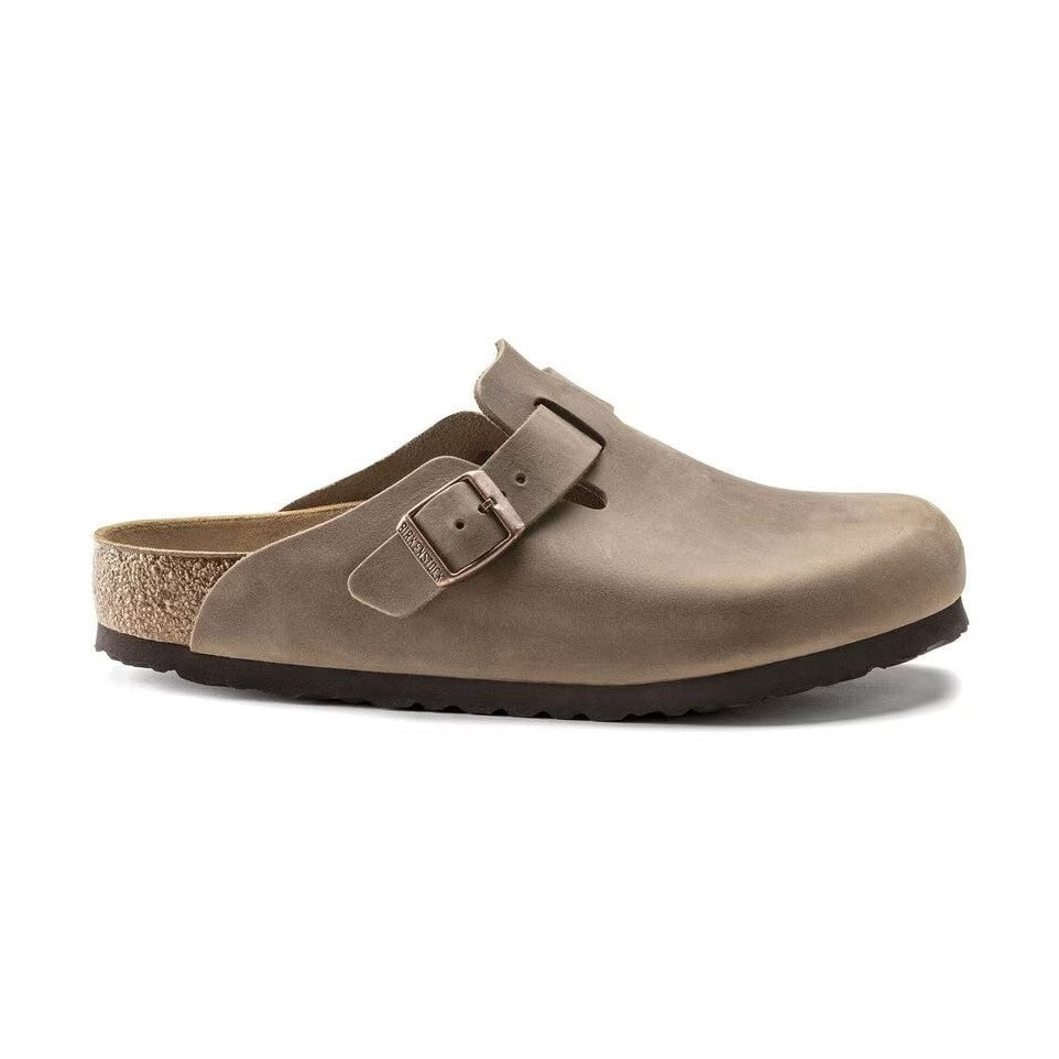Sabot Birkenstock Boston unisex in pelle oliata taupe vista laterale