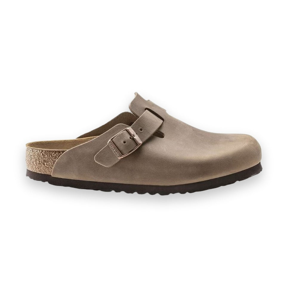 Sabot Birkenstock Boston unisex in pelle oliata taupe vista laterale