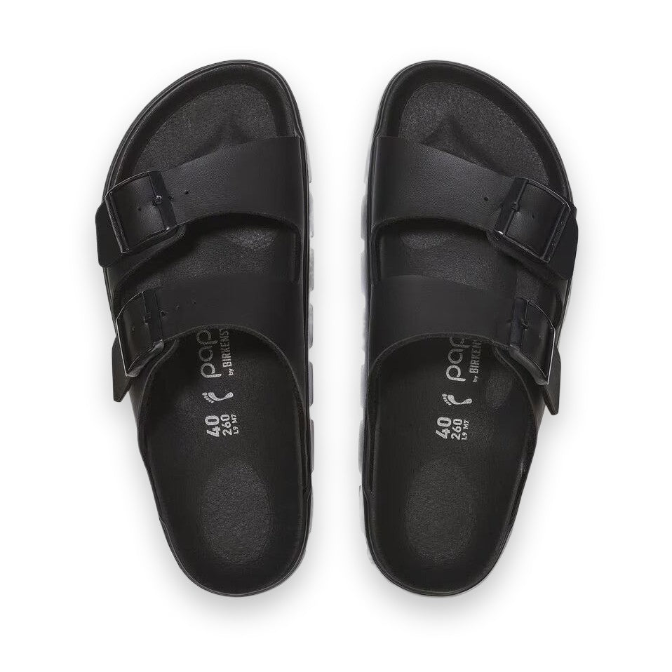 Dettaglio zeppa rialzata e fibbie metalliche dei sandali Birkenstock Arizona Papillio Chunky.
