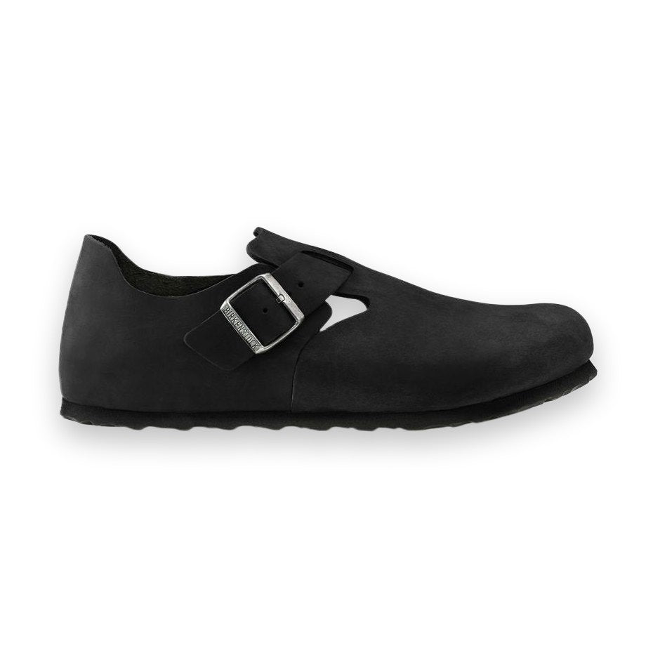 Scarpa Birkenstock London unisex in pelle nabuk oliata con tallone chiuso e fibbia laterale vista laterale