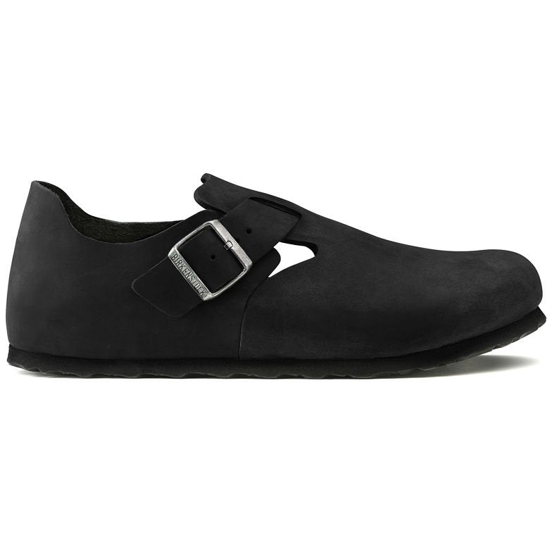 Scarpa Birkenstock London unisex in pelle nabuk oliata con tallone chiuso e fibbia laterale vista laterale