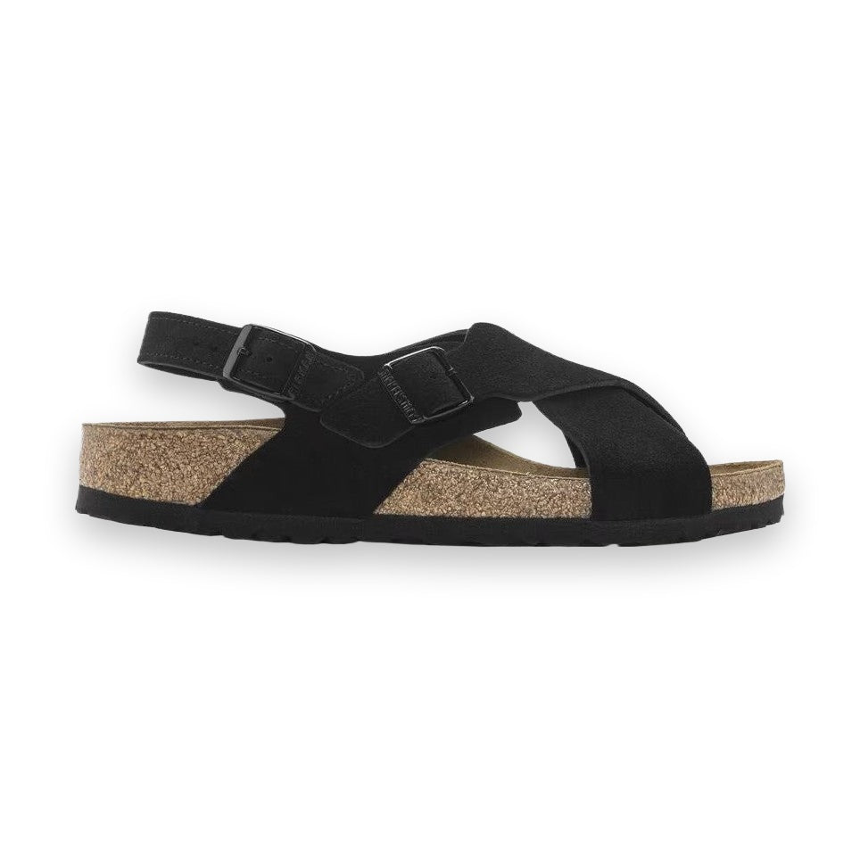 Sandalo Birkenstock Tulum donna con cinturini incrociati in pelle scamosciata e nabuk vista laterale