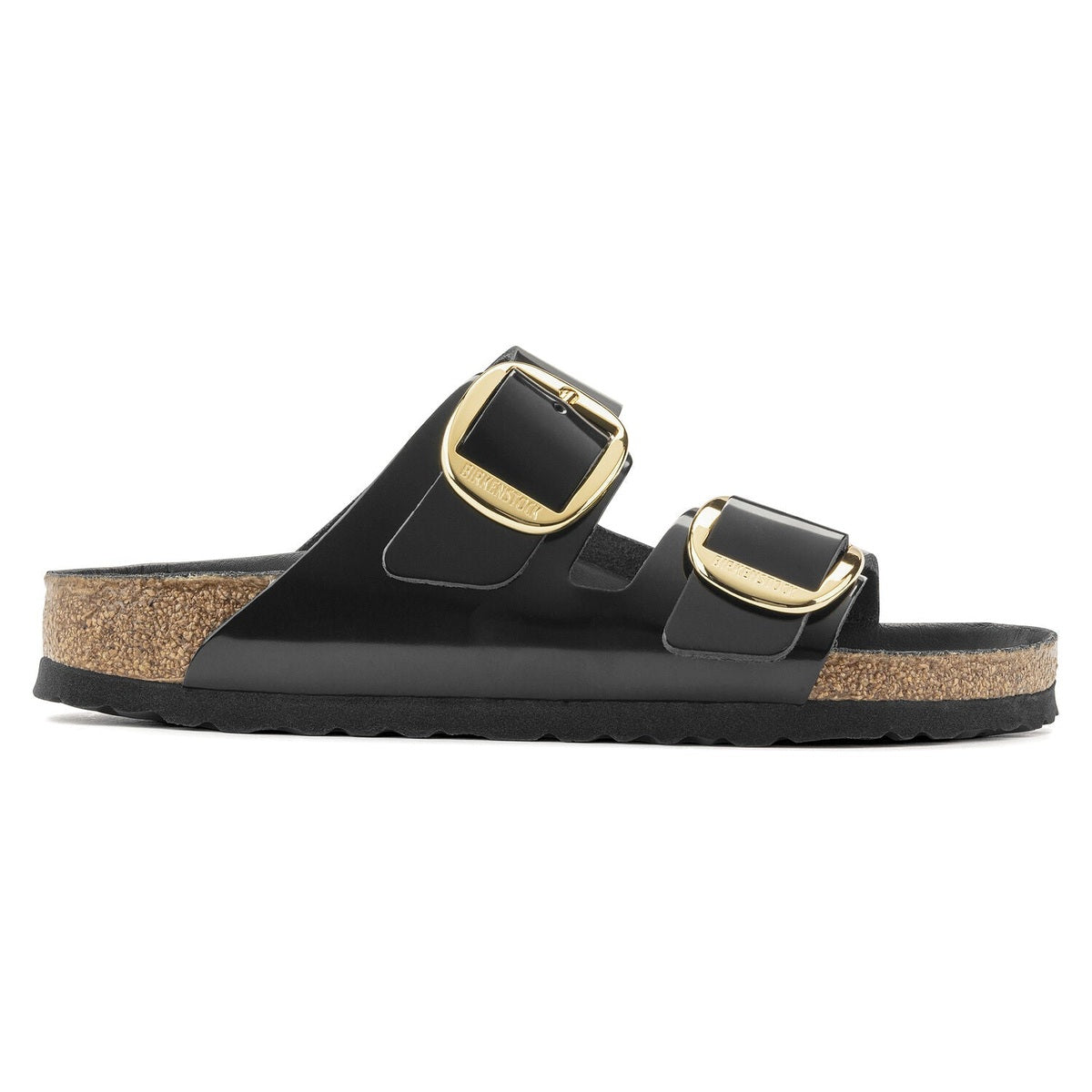 Birkenstock Arizona Big Buckle Donna sandali in pelle verniciata lucida con grandi fibbie metalliche dorate.