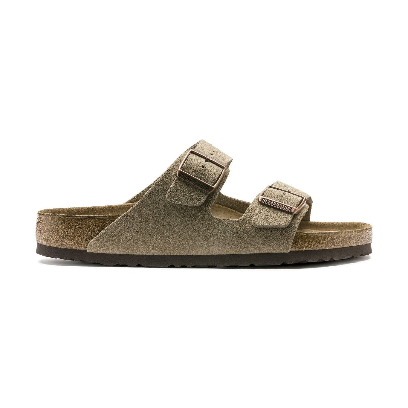 Sandalo Birkenstock Arizona unisex in pelle scamosciata vellutata con plantare morbido vista laterale