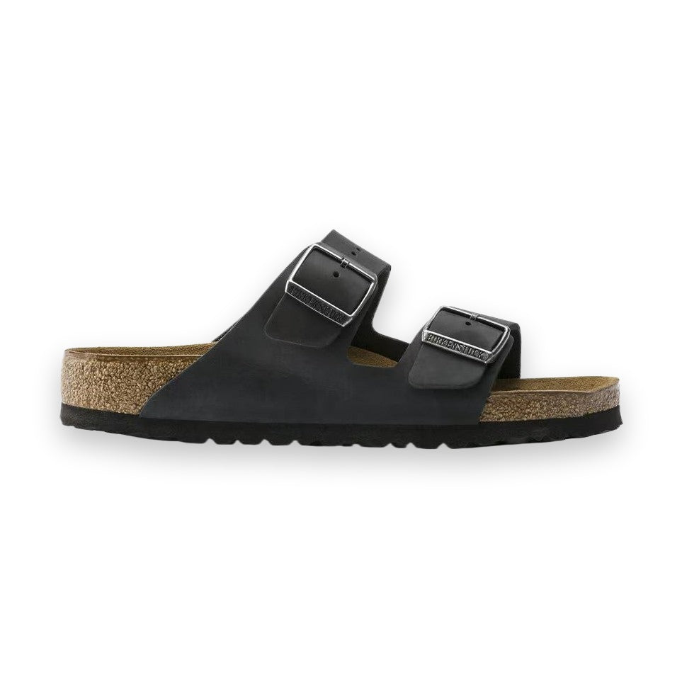 Sandalo Birkenstock Arizona Soft Footbed unisex in pelle oliata nera vista laterale