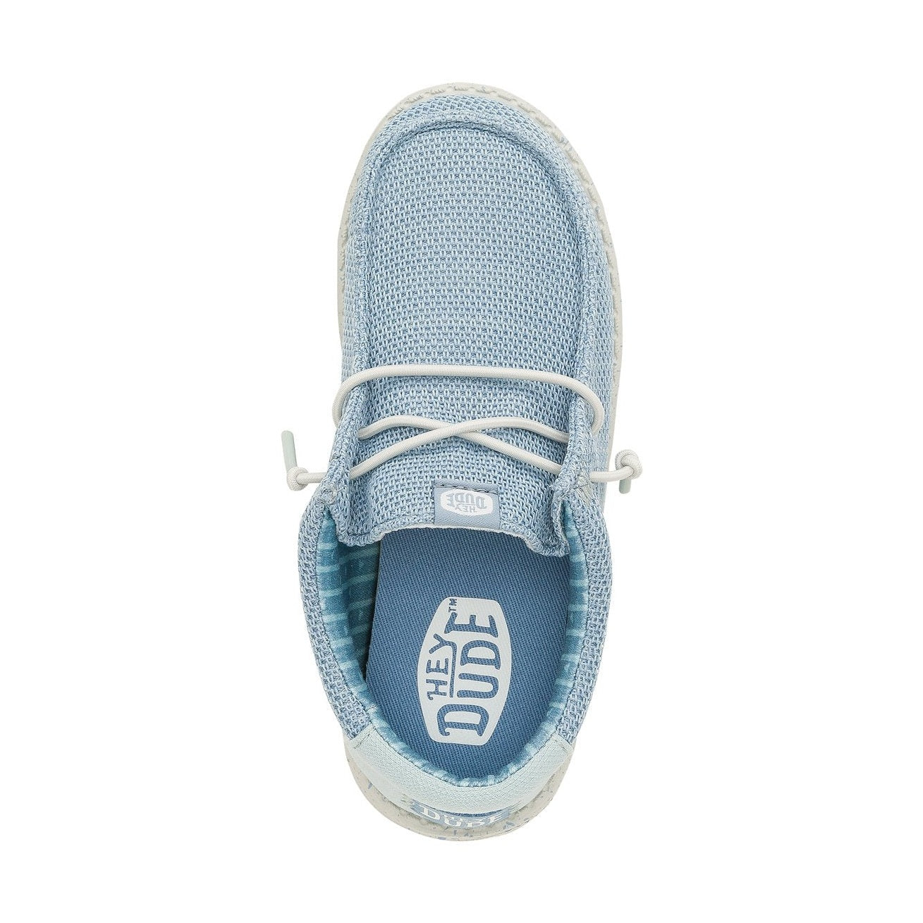 Particolare del tallone rinforzato con logo HeyDude e finiture resistenti per bambini.