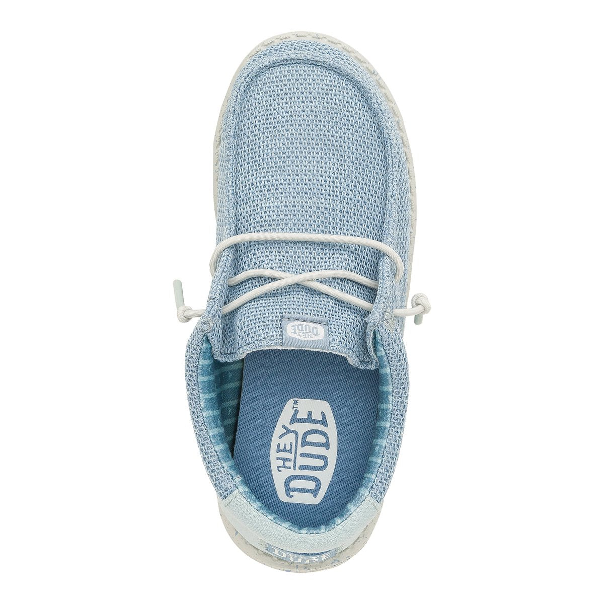 Particolare del tallone rinforzato con logo HeyDude e finiture resistenti per bambini.