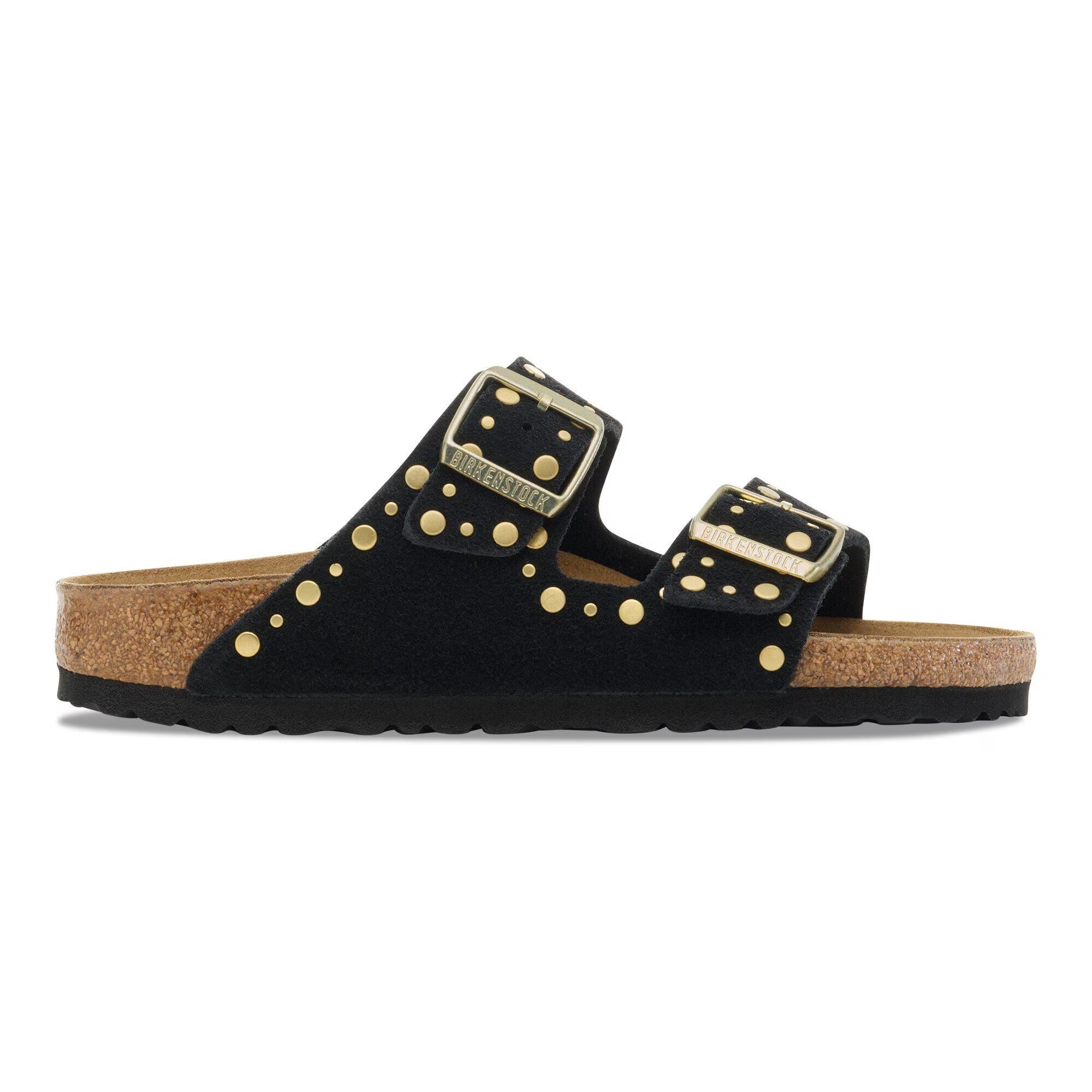 Sandalo Birkenstock Arizona Rivet donna in pelle scamosciata nera vista laterale