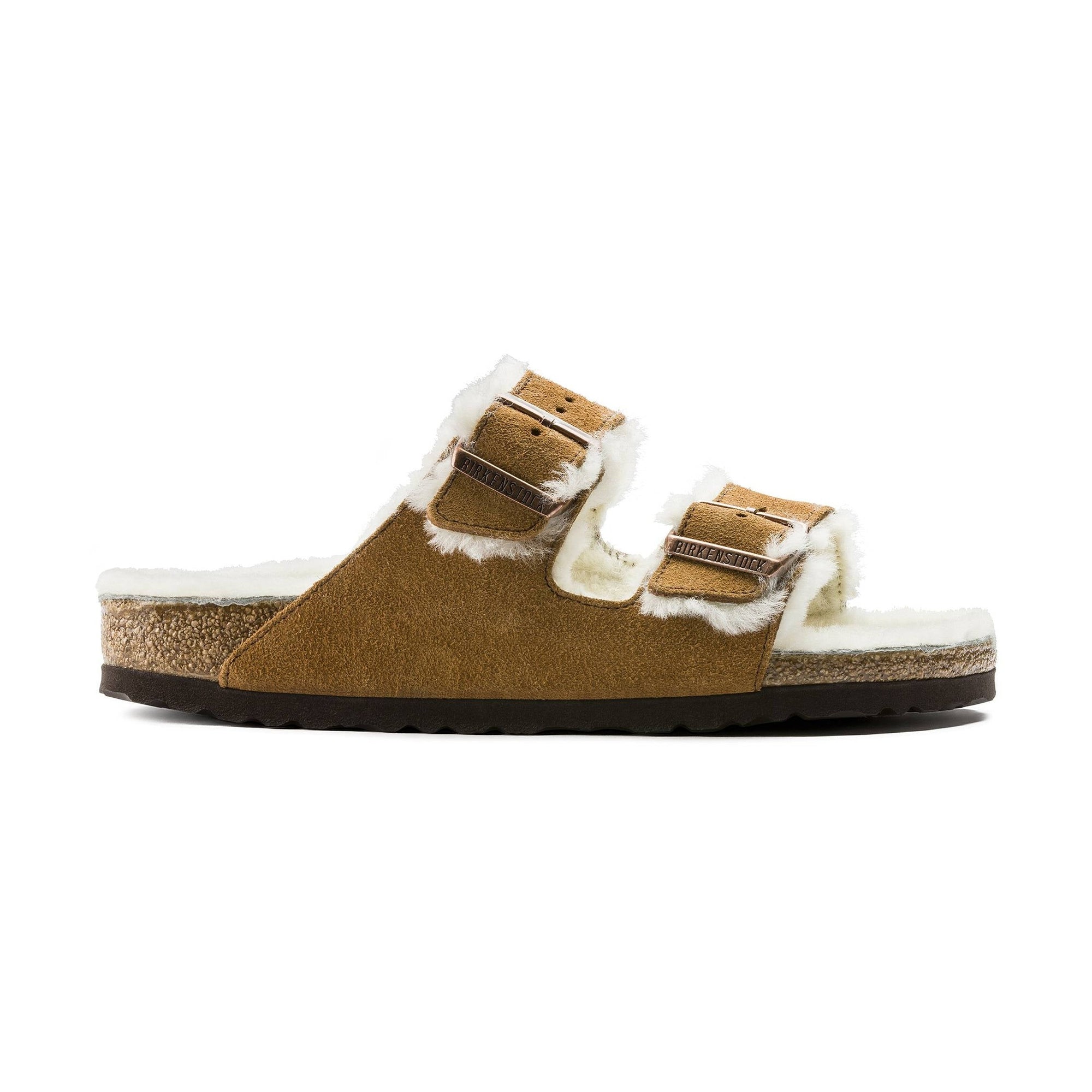 Sandalo Birkenstock Arizona Shearling unisex in pelle scamosciata con pelliccia di agnello vista laterale