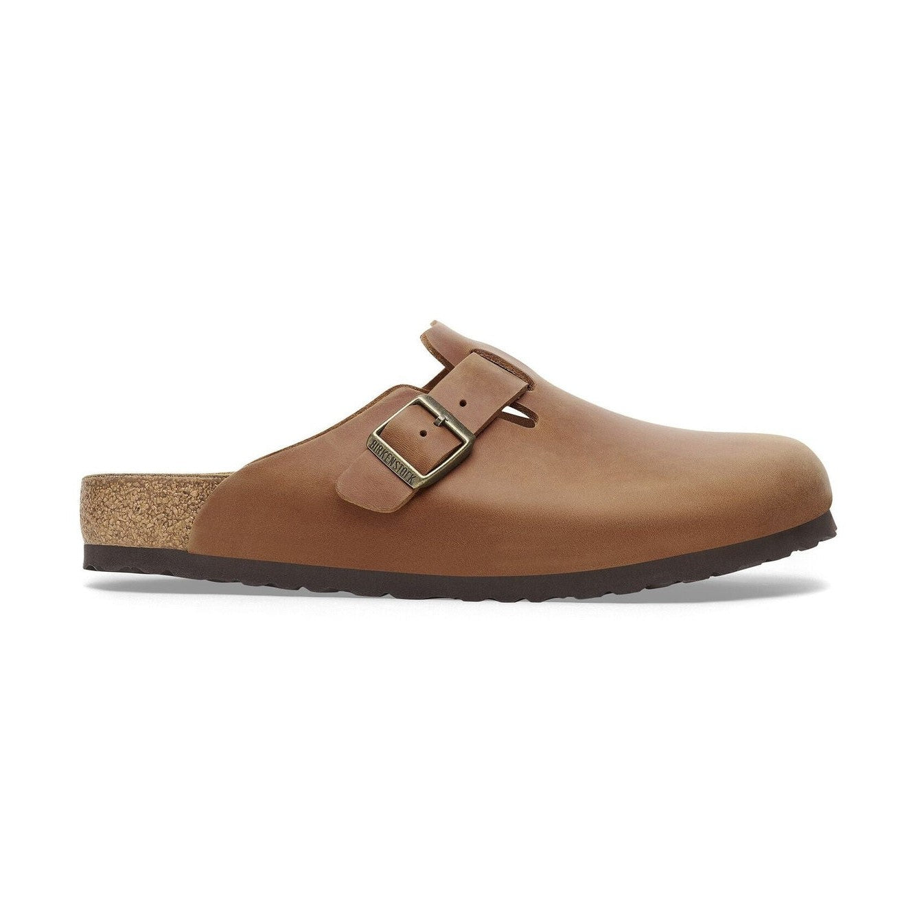 Sabot Birkenstock Boston unisex in pelle oliata cognac vista laterale