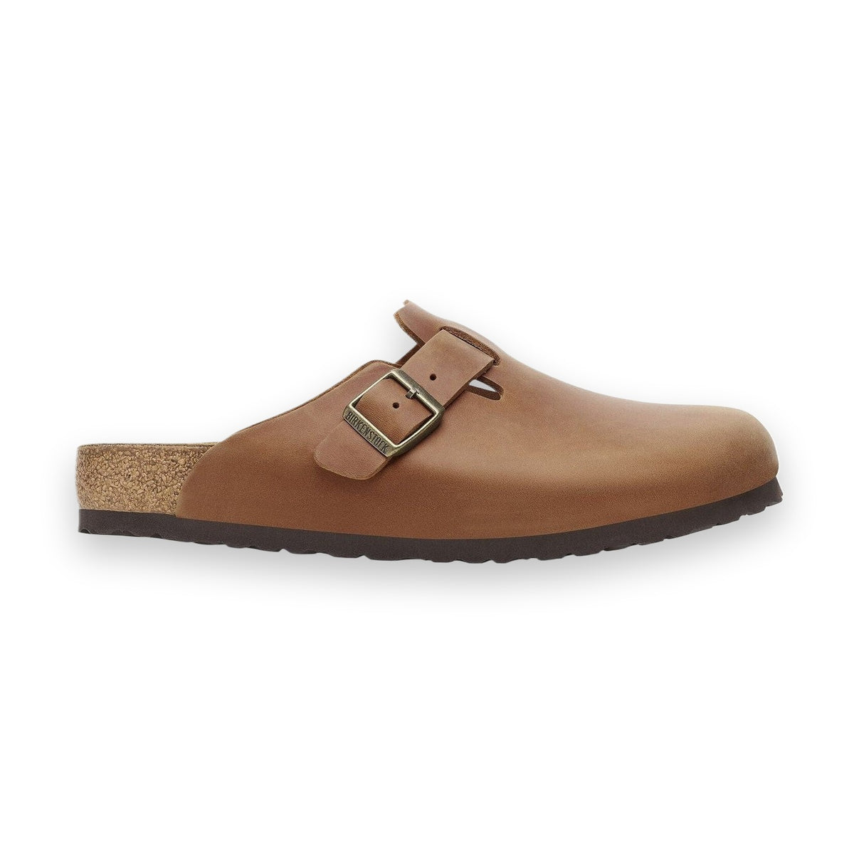 Sabot Birkenstock Boston unisex in pelle oliata cognac vista laterale