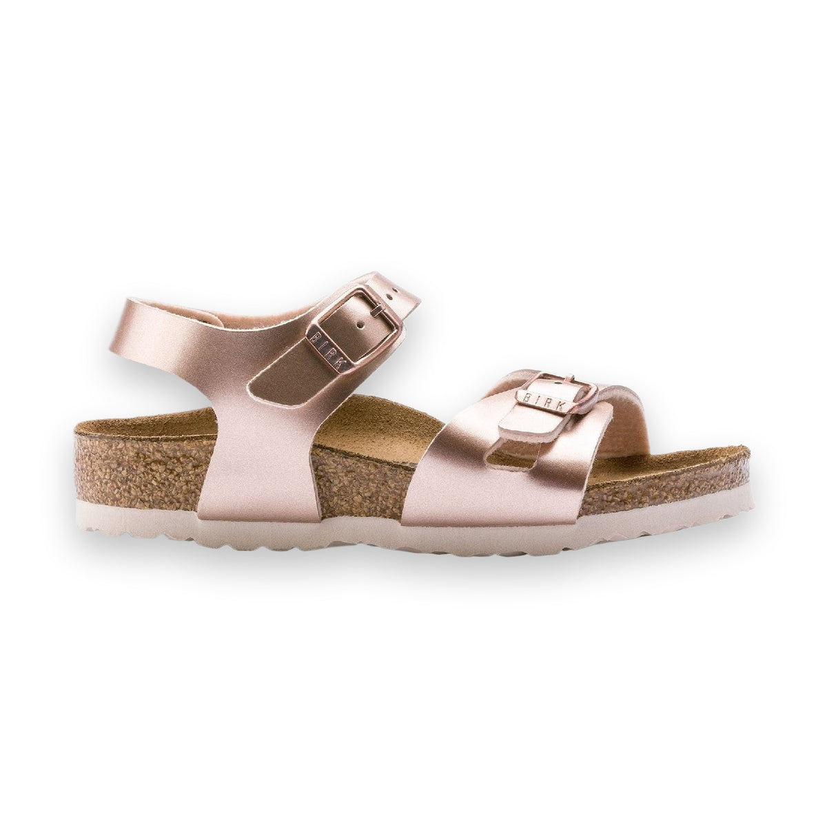 Sandalo Birkenstock Rio Kids bambina in Birko-Flor Metallic finitura brillante vista laterale
