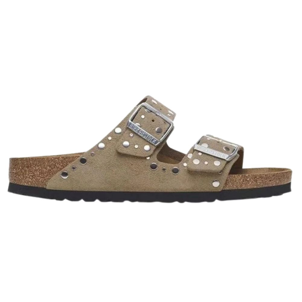 Sandalo Birkenstock Arizona Rivet donna in pelle scamosciata tortora vista laterale