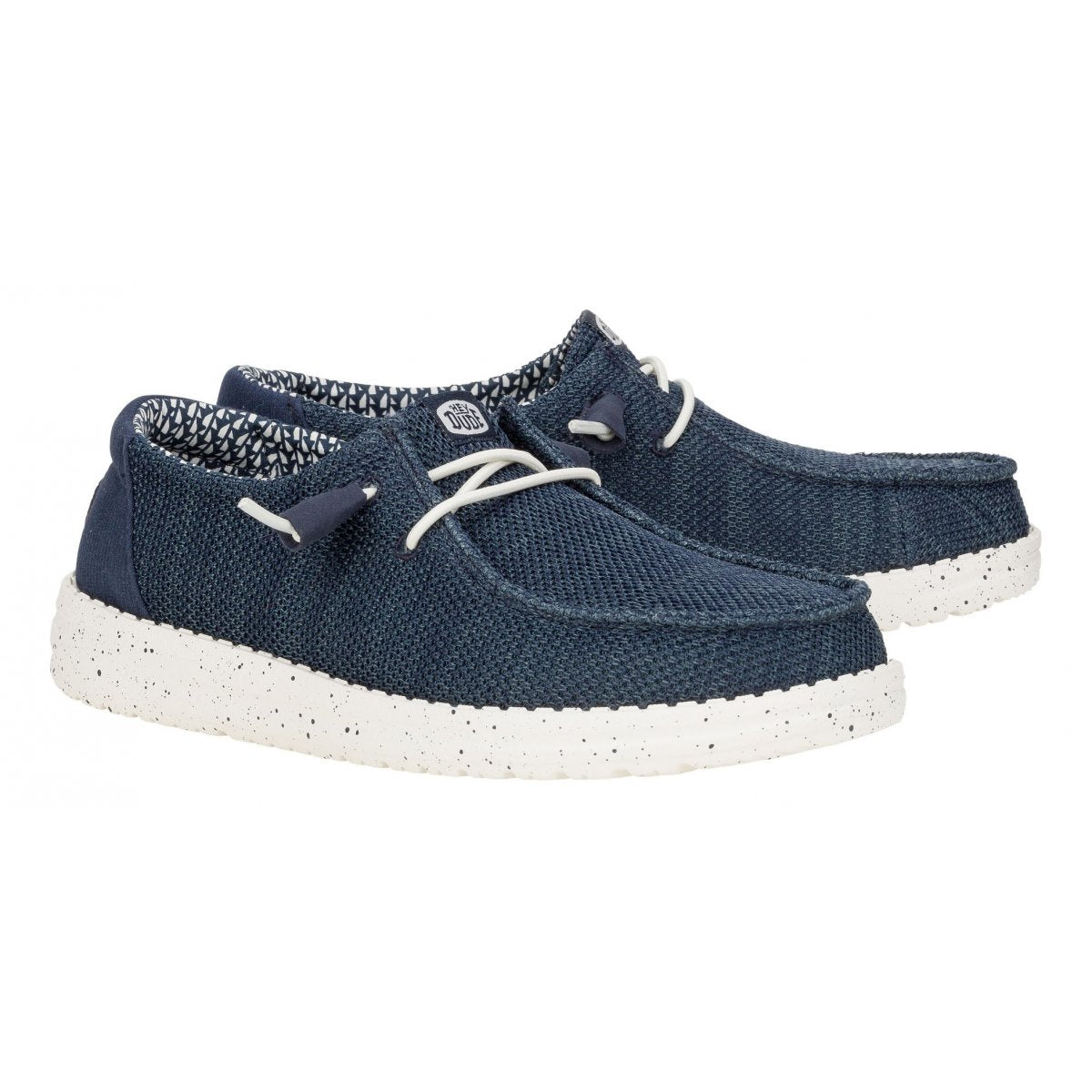 Mocassini da donna HeyDude Wendy Stretch Sox in tessuto elasticizzato blu navy.
