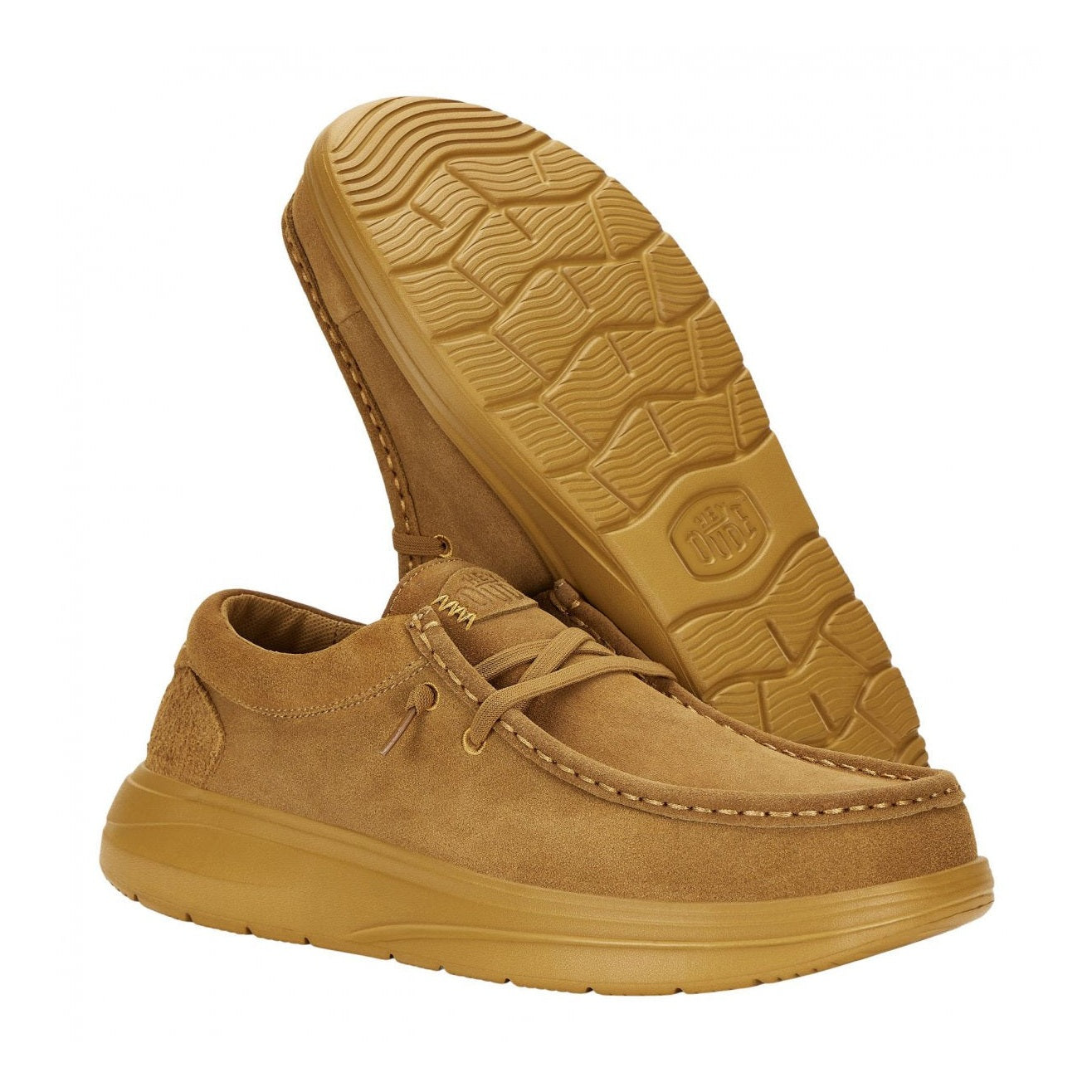 Particolare del tallone con rinforzo in suede e logo HeyDude discreto.