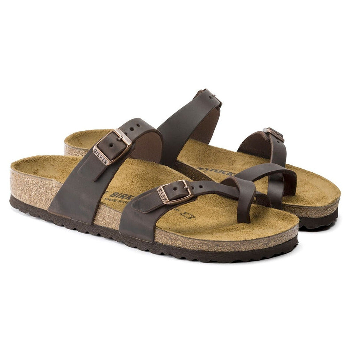 Pelle oliata a cuciture aperte con sfumature naturali e fibbie regolabili Birkenstock Mayari