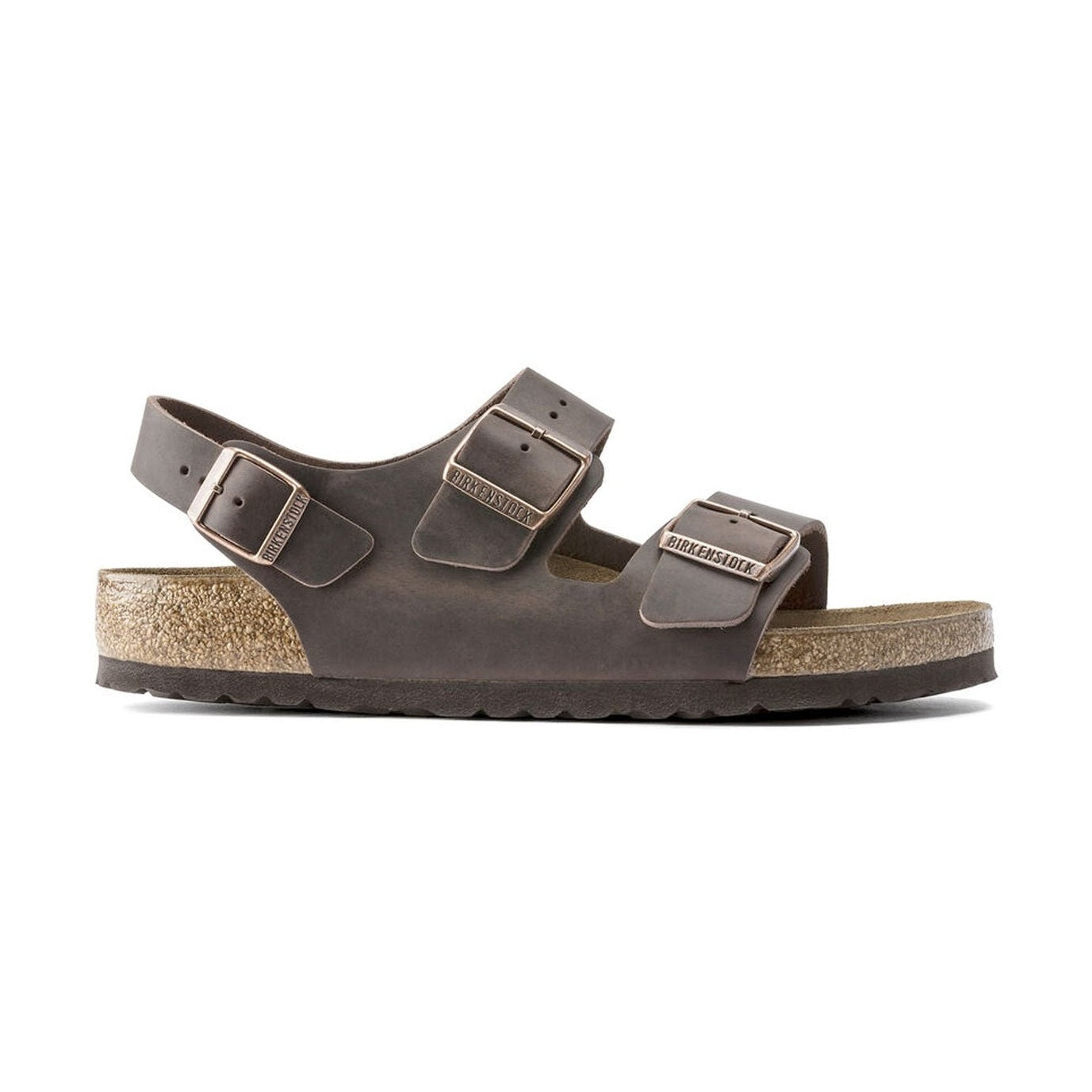 Sandalo Birkenstock Milano unisex in pelle naturale liscia tre fasce vista laterale