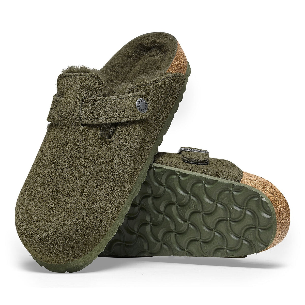 Birkenstock Boston Shearling sabot unisex verde oliva con suola a vista