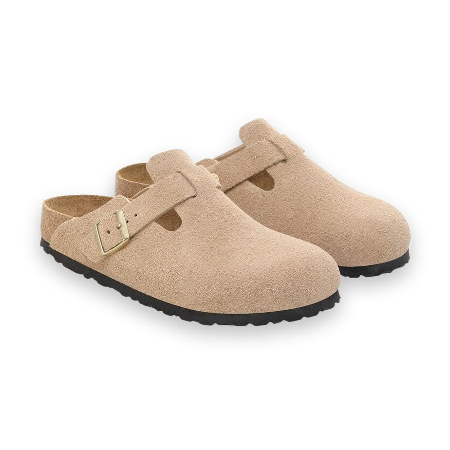 Pelle scamosciata naturale avvolgente e fibbia metallica regolabile Birkenstock Boston