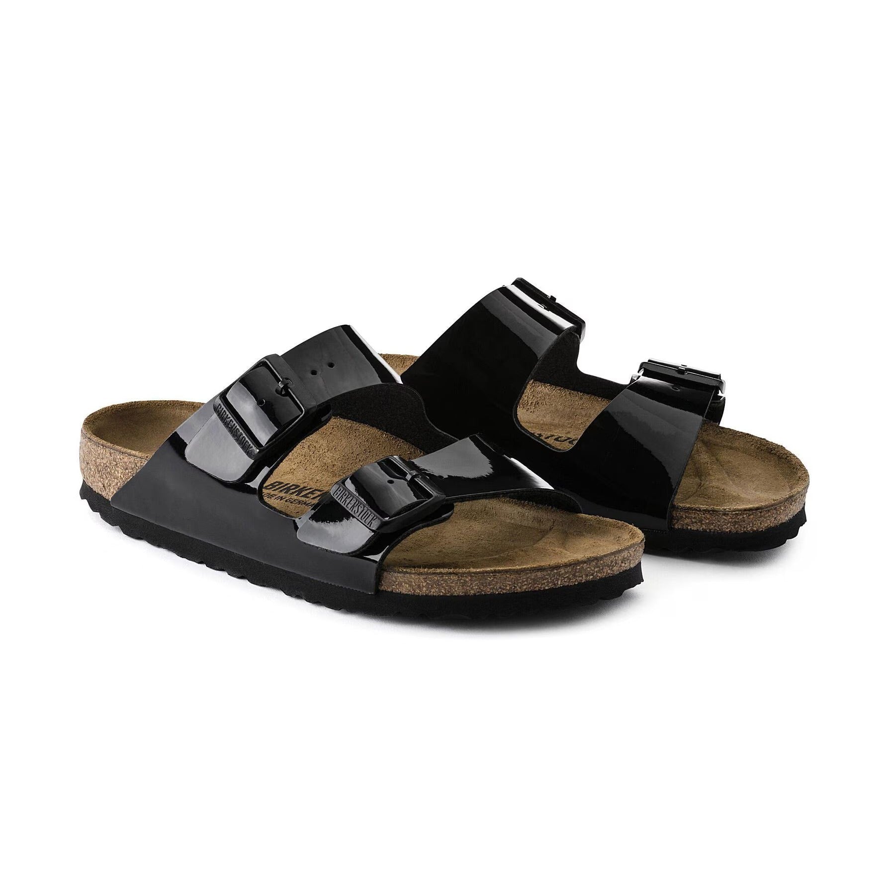 Dettaglio della giunzione tra la tomaia in Birko-Flor e il plantare in sughero dei sandali Birkenstock Arizona.
