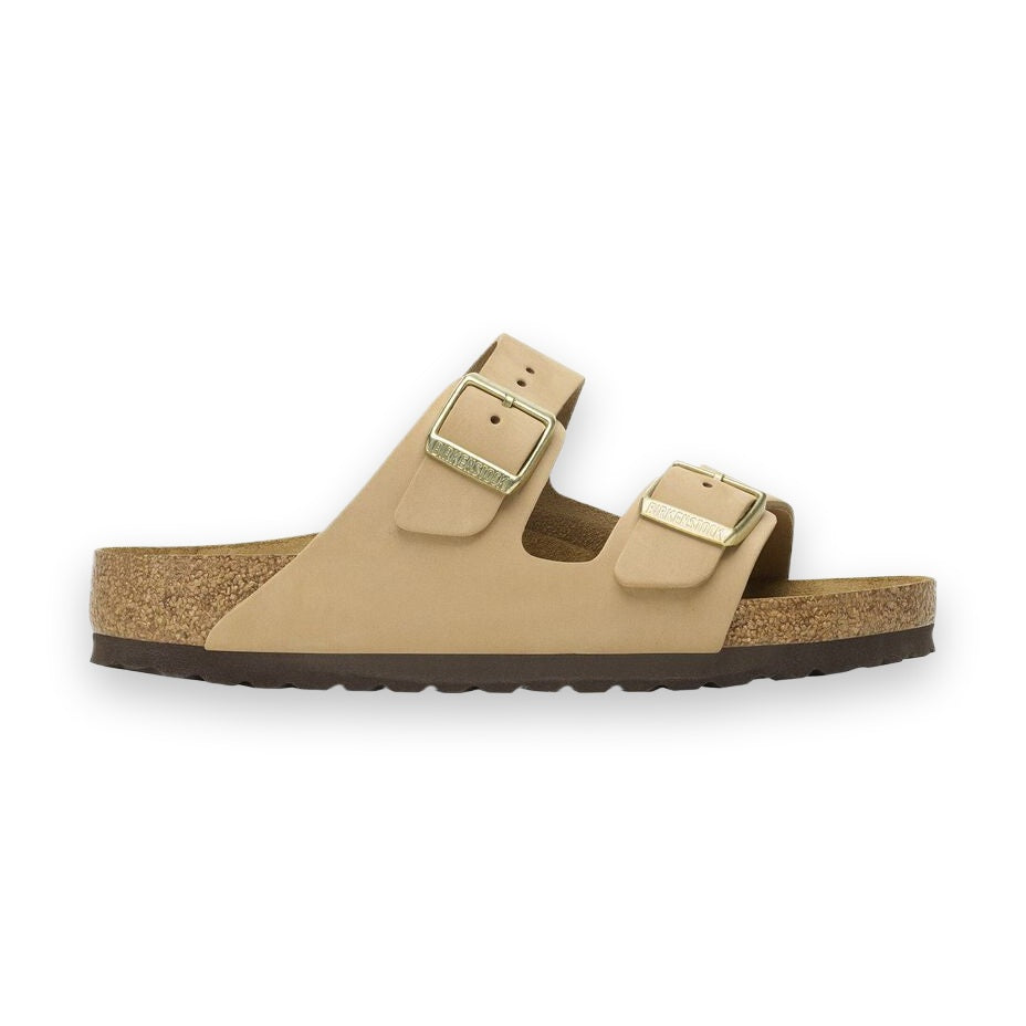 Sandalo Birkenstock Arizona donna in pelle Nubuck vellutata con plantare morbido vista laterale