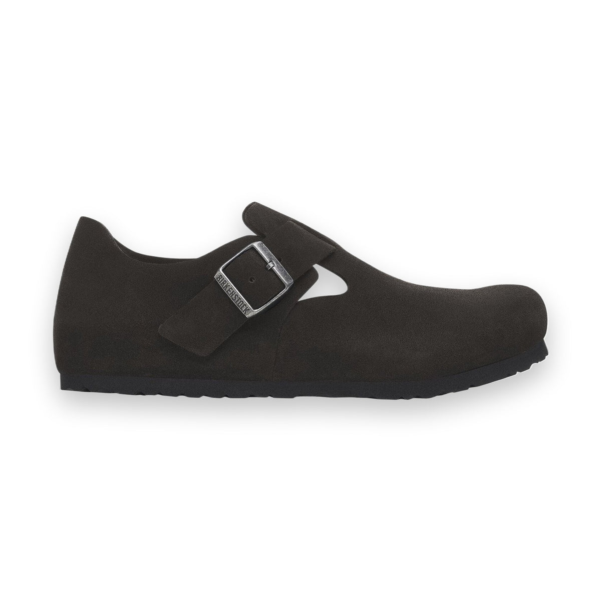 Scarpa Birkenstock London unisex in pelle scamosciata senza cuciture con fibbia laterale vista laterale
