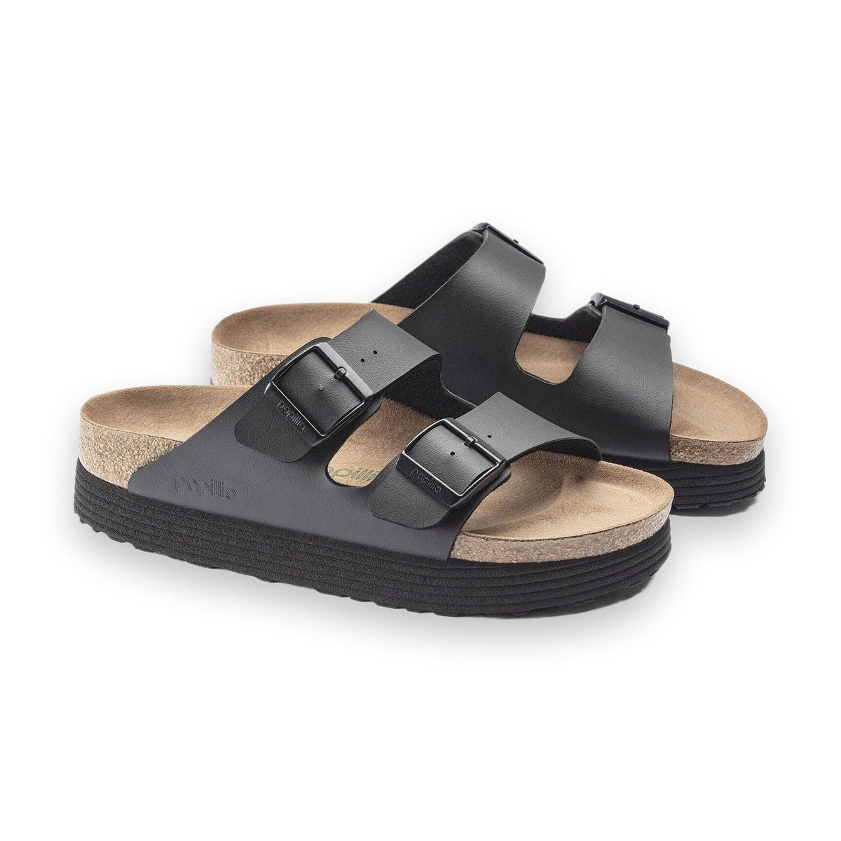 Birkenstock Arizona Papillio Flex Platform donna neri in vista angolata con doppia fascia