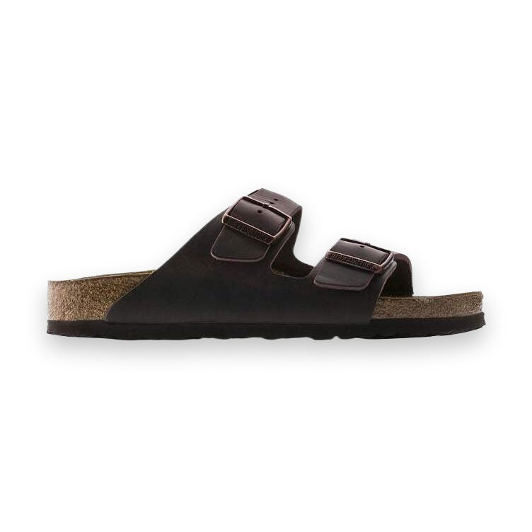 Sandalo Birkenstock Arizona Soft Footbed unisex in pelle oliata marrone scuro vista laterale