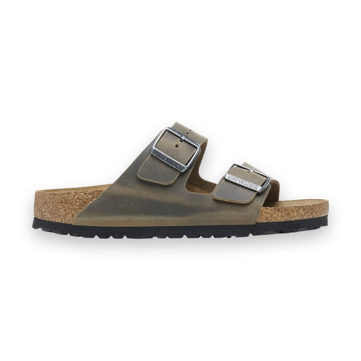 Sandalo Birkenstock Arizona unisex in pelle oliata verde oliva vista laterale