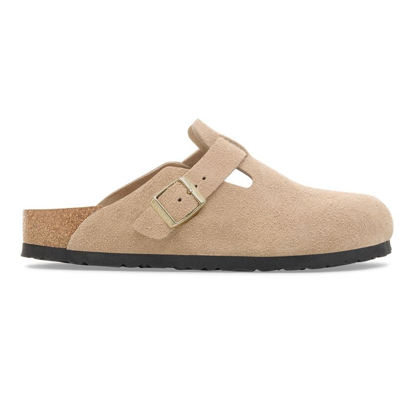 Sabot Birkenstock Boston unisex in pelle scamosciata morbida vista laterale