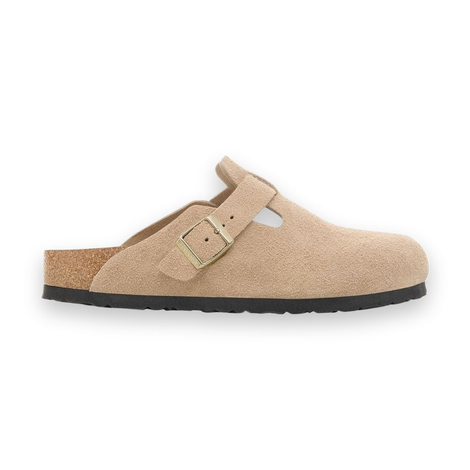 Sabot Birkenstock Boston unisex in pelle scamosciata morbida vista laterale