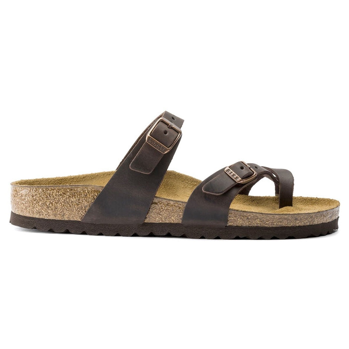 Sandalo infradito Birkenstock Mayari unisex in pelle nabuk oliata con cinturino incrociato vista laterale